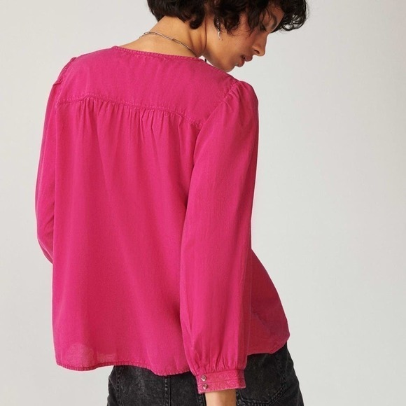 ba&sh Ilo Top 3/4 Sleeve Split Neck Embroidered Bib Fuchsia Pink NWT Size XS - Picture 4 of 13